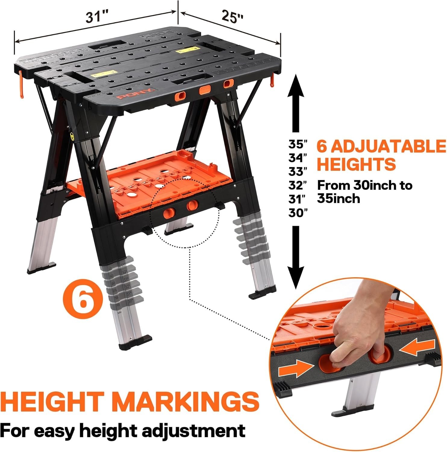 Pony Portable Folding Workbench 2-in-1 with 500 lbs Capacity & Adjustable Height