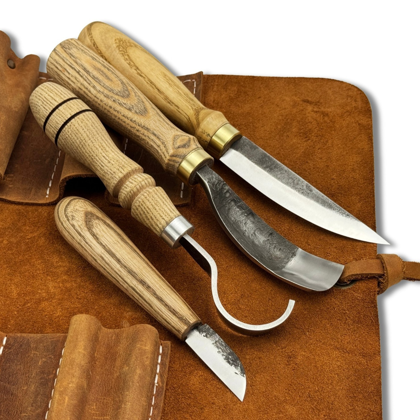 4-Piece Spoon Carving Knife Set – Forged 52100 Steel, Ash Handles, Leather Roll