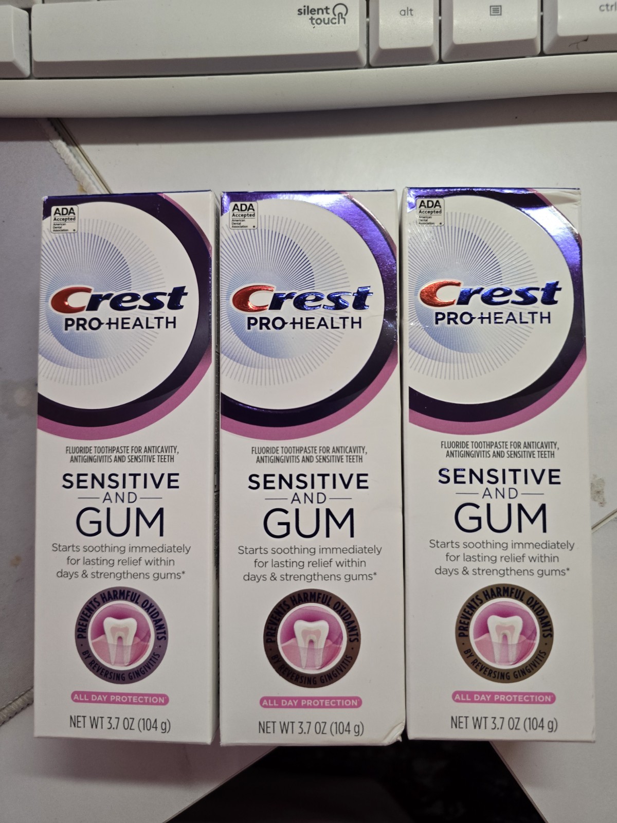 3 Pack Crest Pro-Health Sensitive & Gum Fluoride Toothpaste 3.7 oz Exp 10/2026