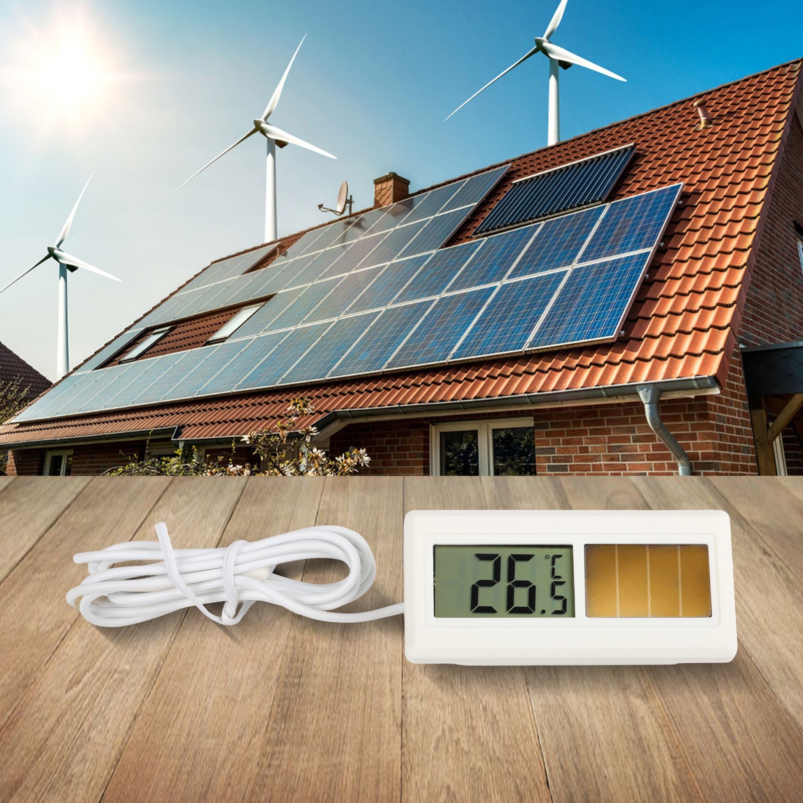 Portable Solar LCD Thermometer Sensor with Waterproof Design and Long Cable