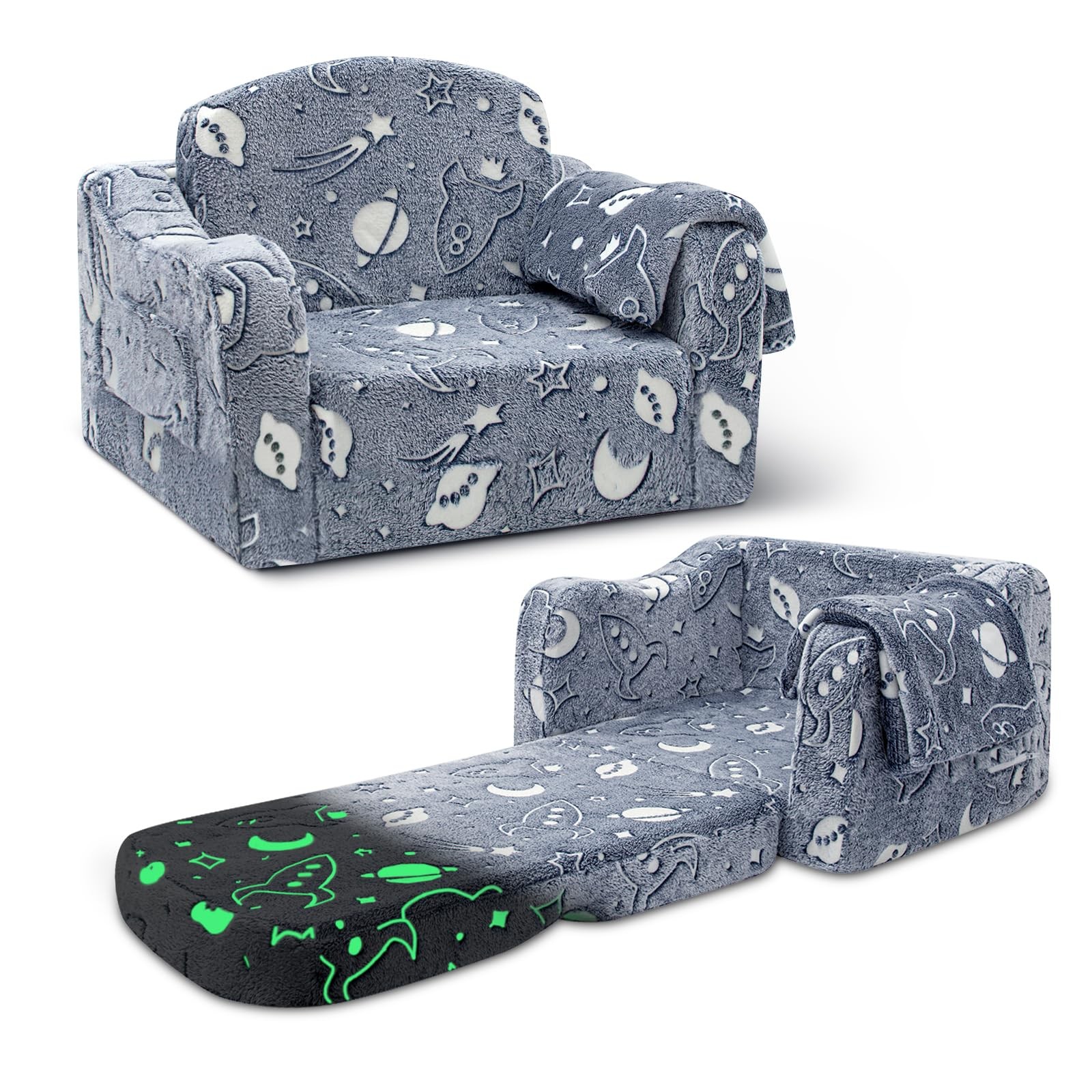Comfy Toddler Couch and Chair for Kids with Blanket, 2-in-1 Soft Plush Fold O...