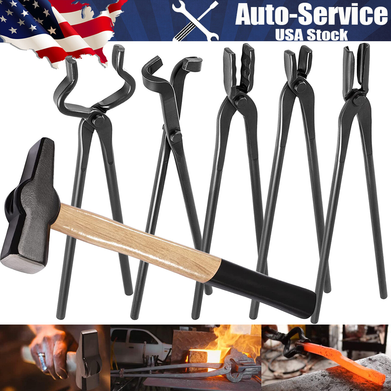 Blacksmith Bladesmith Knife Making Tongs + 1.5kg Hammer Set for Forge Anvil Vise