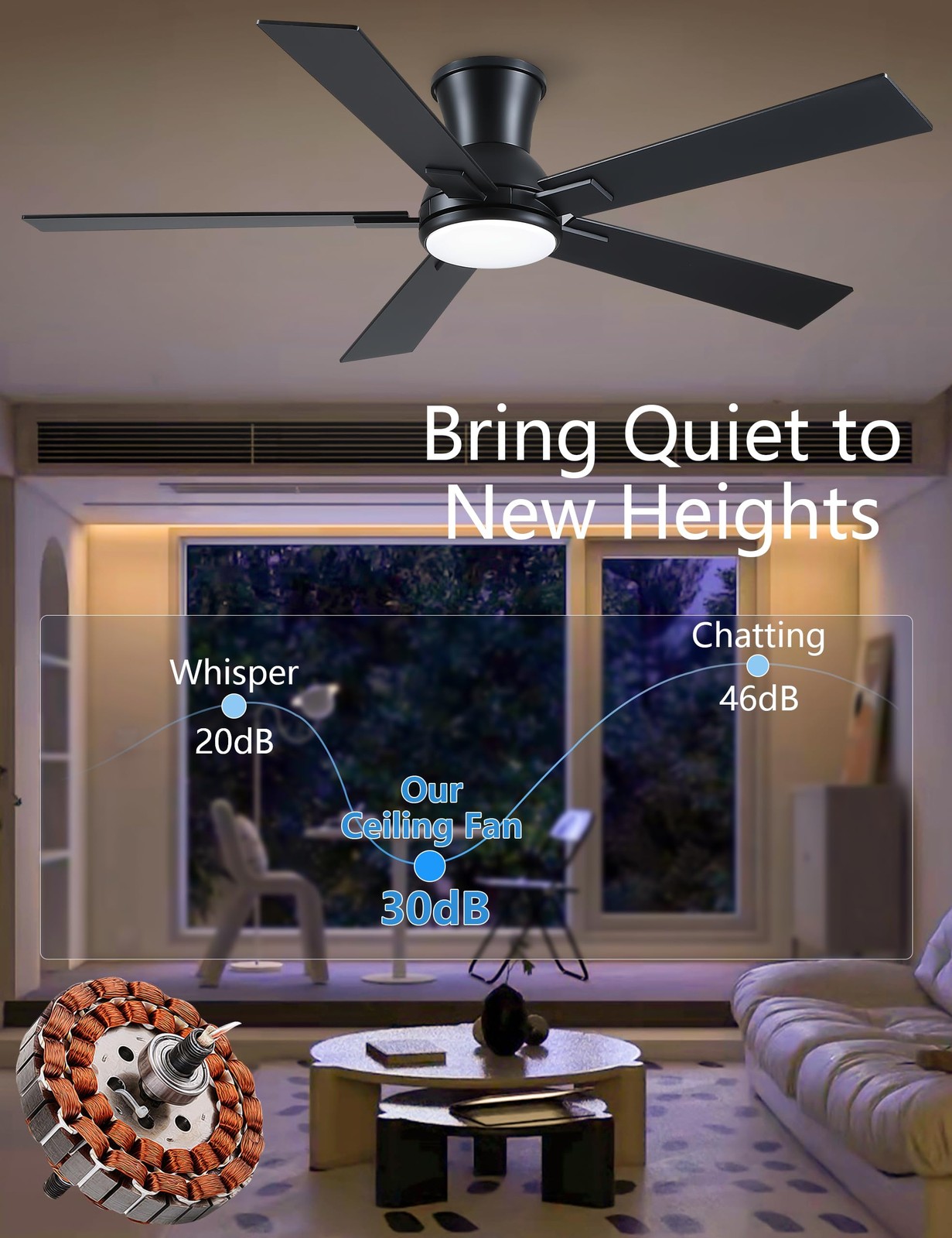 52 Inch Black Flush Mount Ceiling Fan with Light, 52 inch-flush mount,