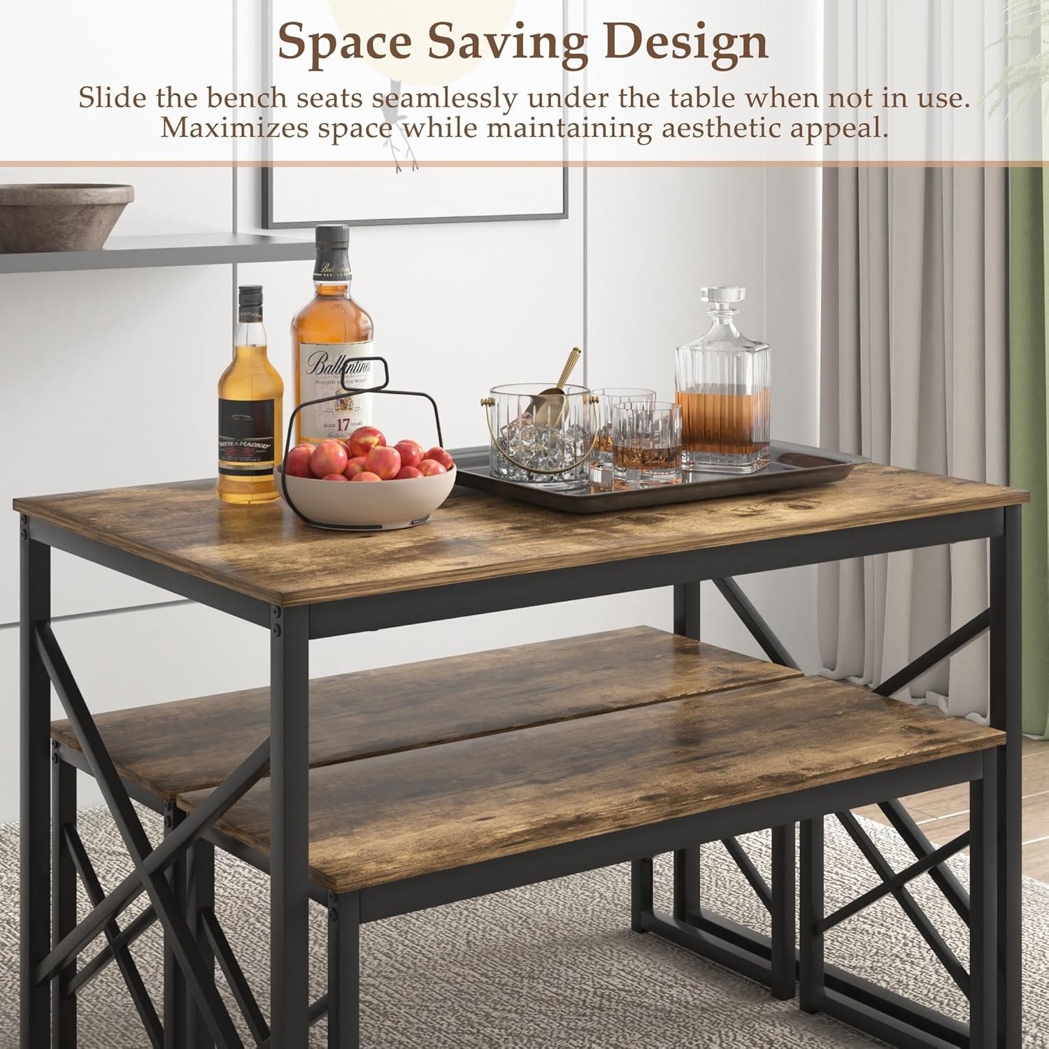 Kitchen Dining Table Benches Set for 4, 43.3" Wooden Dinette with 2 Benches, Hea