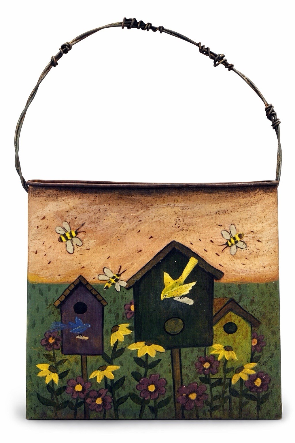 Vintage Metal Wall Pocket Birdhouse Garden Decor Hanging Basket Rustic Farmhouse