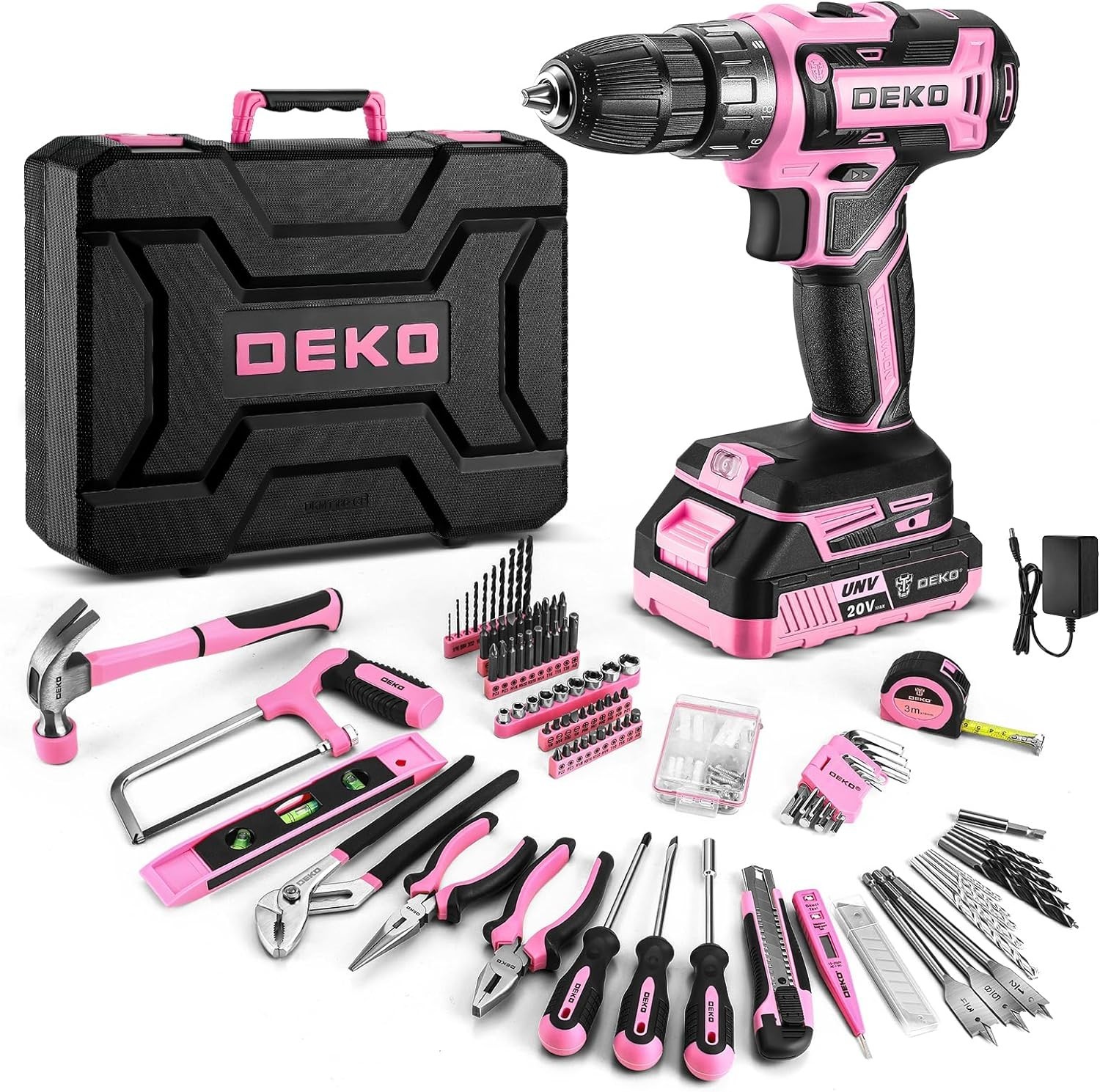 Pink Power Drill Tool Kit Set: 20V Cordless Electric Drill, Driver, Tool Box ...