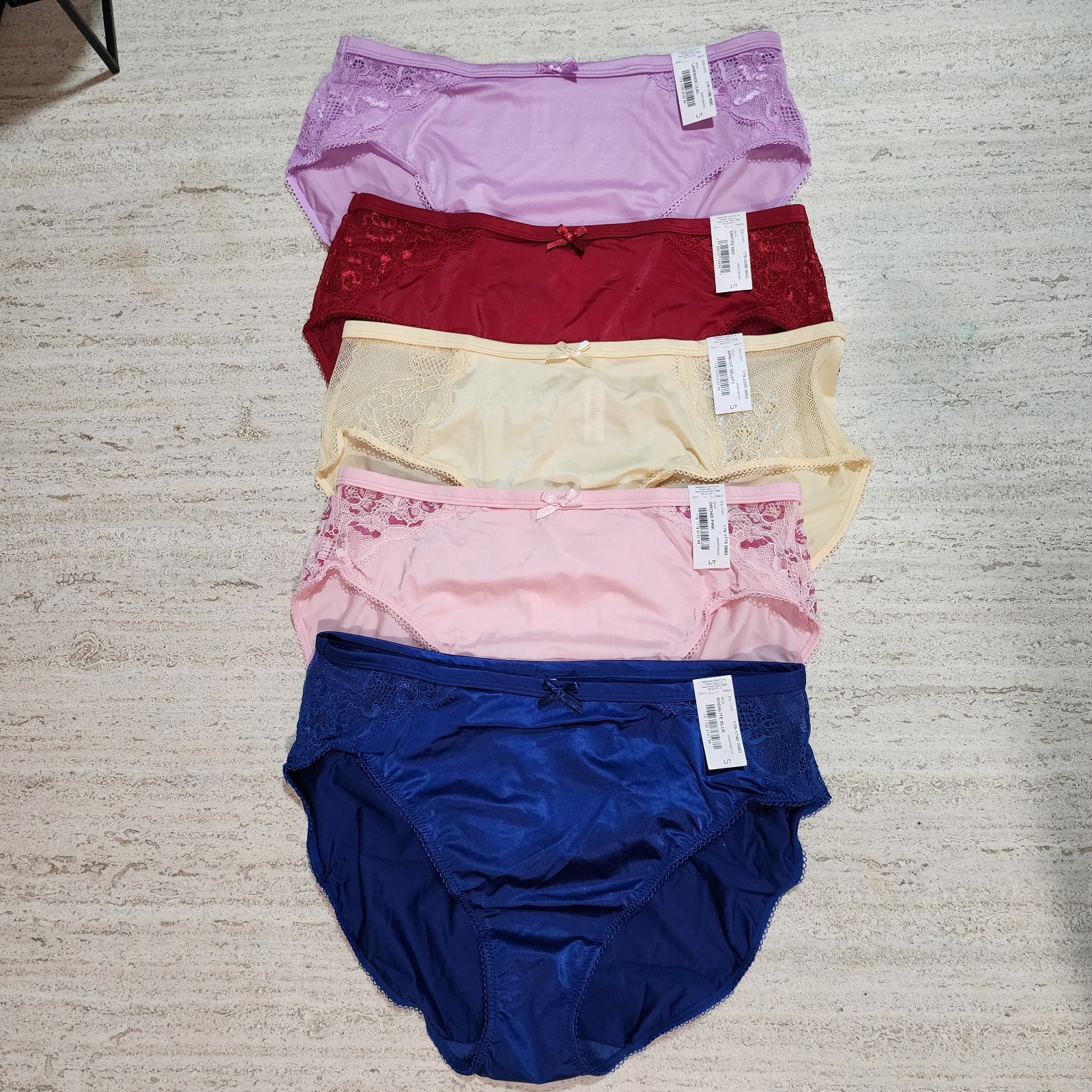 Ambrielle Hi-Leg Brief Panties 5 Pack L/7 Multicolor Lace Stretch Bow Accent