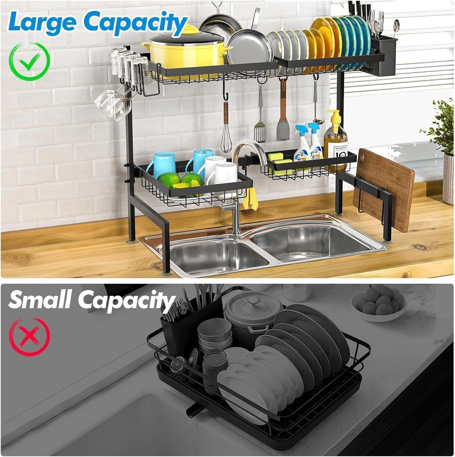 2-Tier 4 Baskets Over The Sink Dish Drying Rack Kitchen Extensible Adjustable US