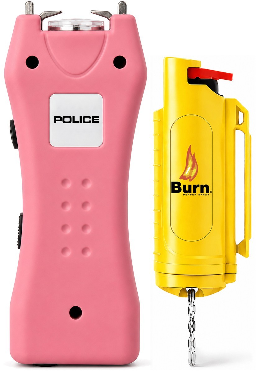 POLICE Stun Gun BURN Pepper Spray Combo Self Defense Kit 618 Pink & Yellow