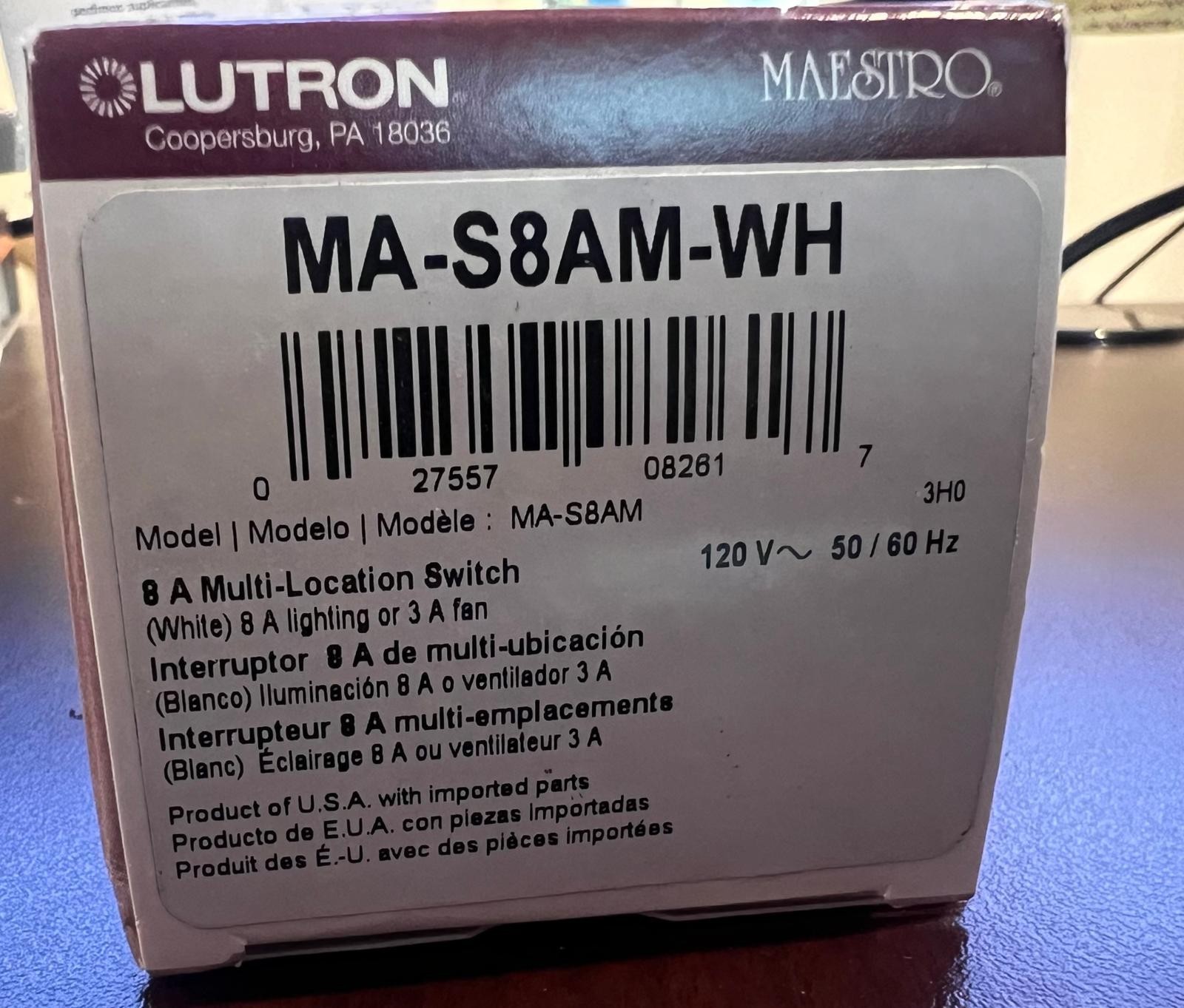 Lutron Maestro Digital Switch, 8A Single Pole/Multi Location, MA-S8AM-WH - WHITE