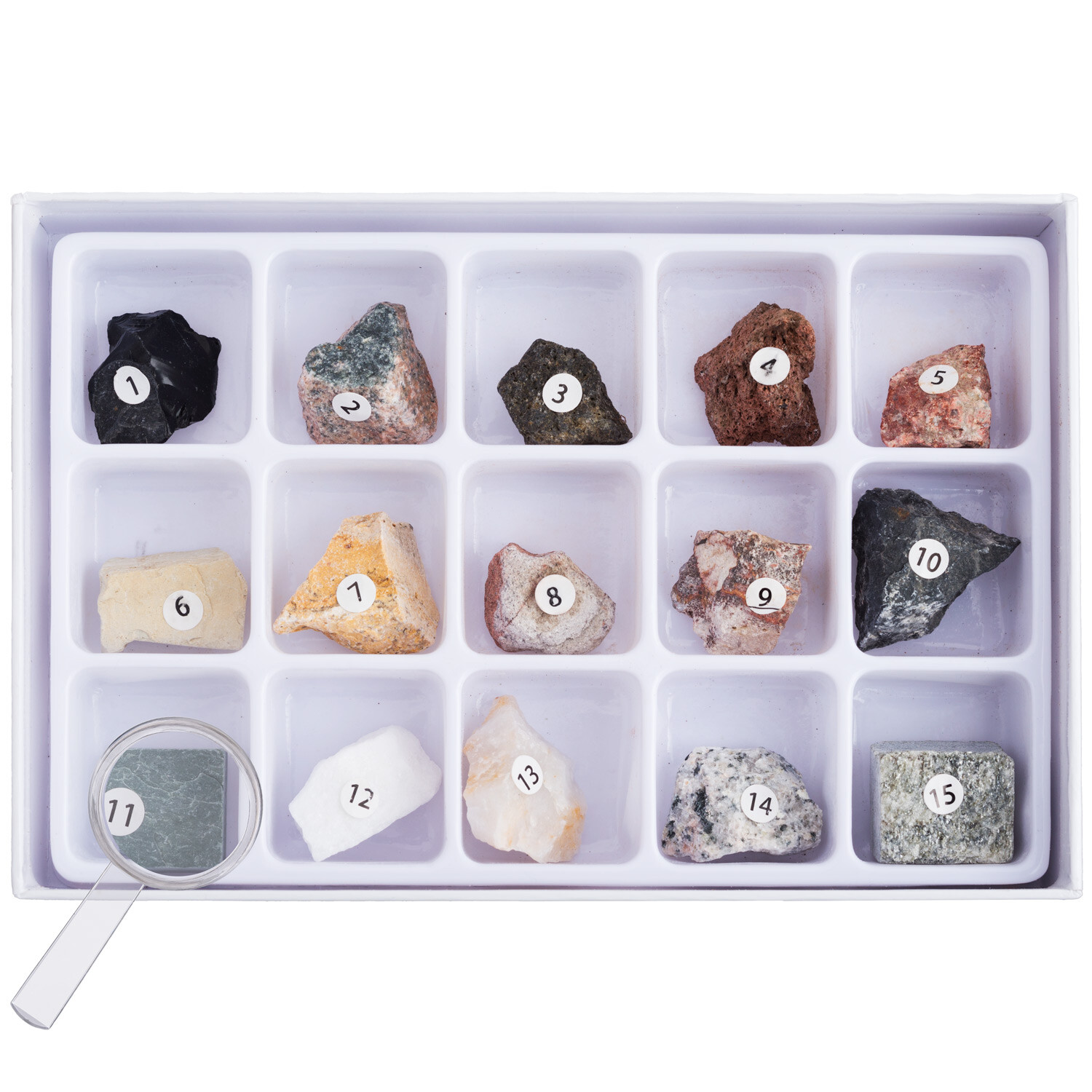 AmScope 15pc Rock Mineral Specimen Science Kit for Stereo Microscopes Samples