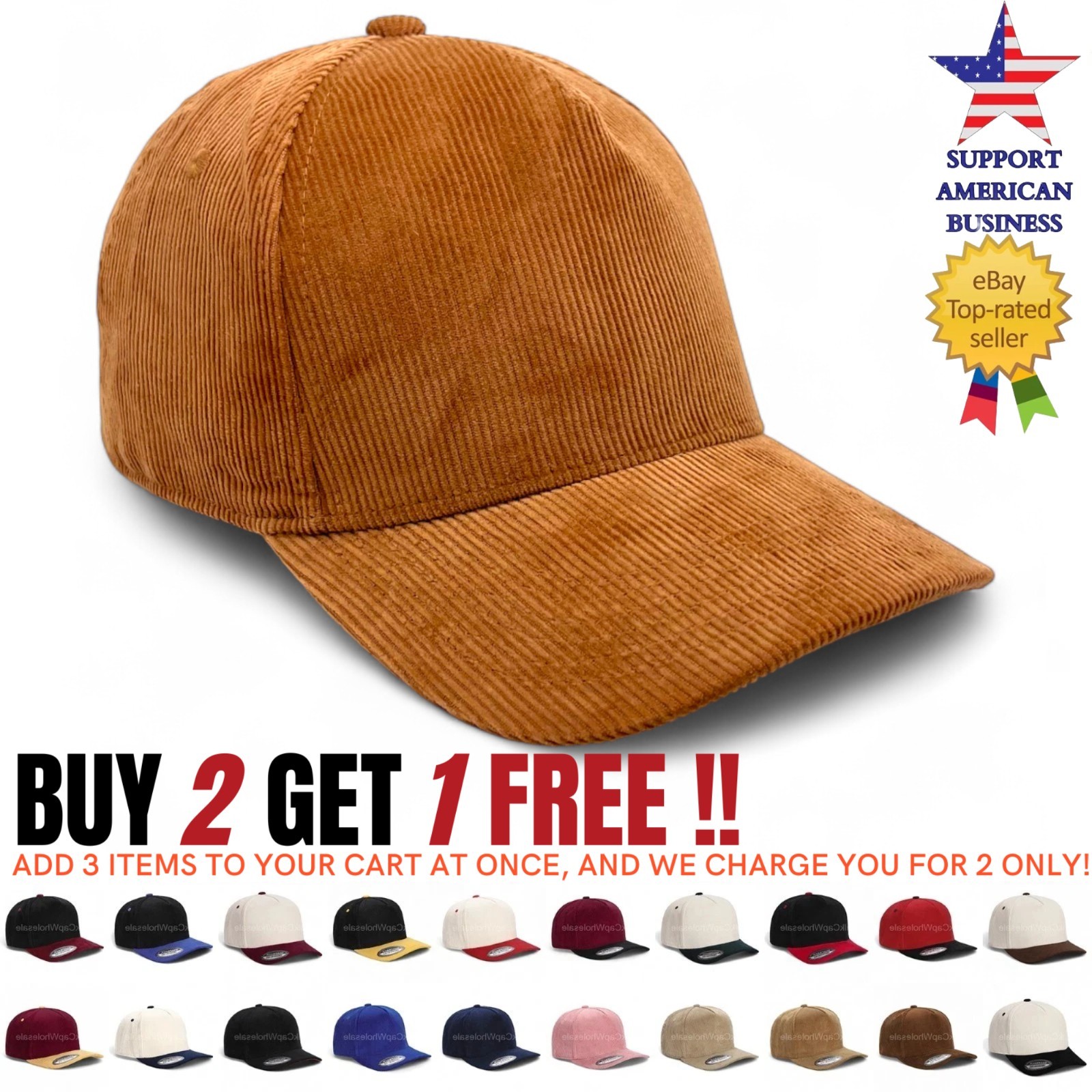 Baseball Cap Corduroy Snapback Adjustable Size Mens Hat Curved Visor 5 Panel