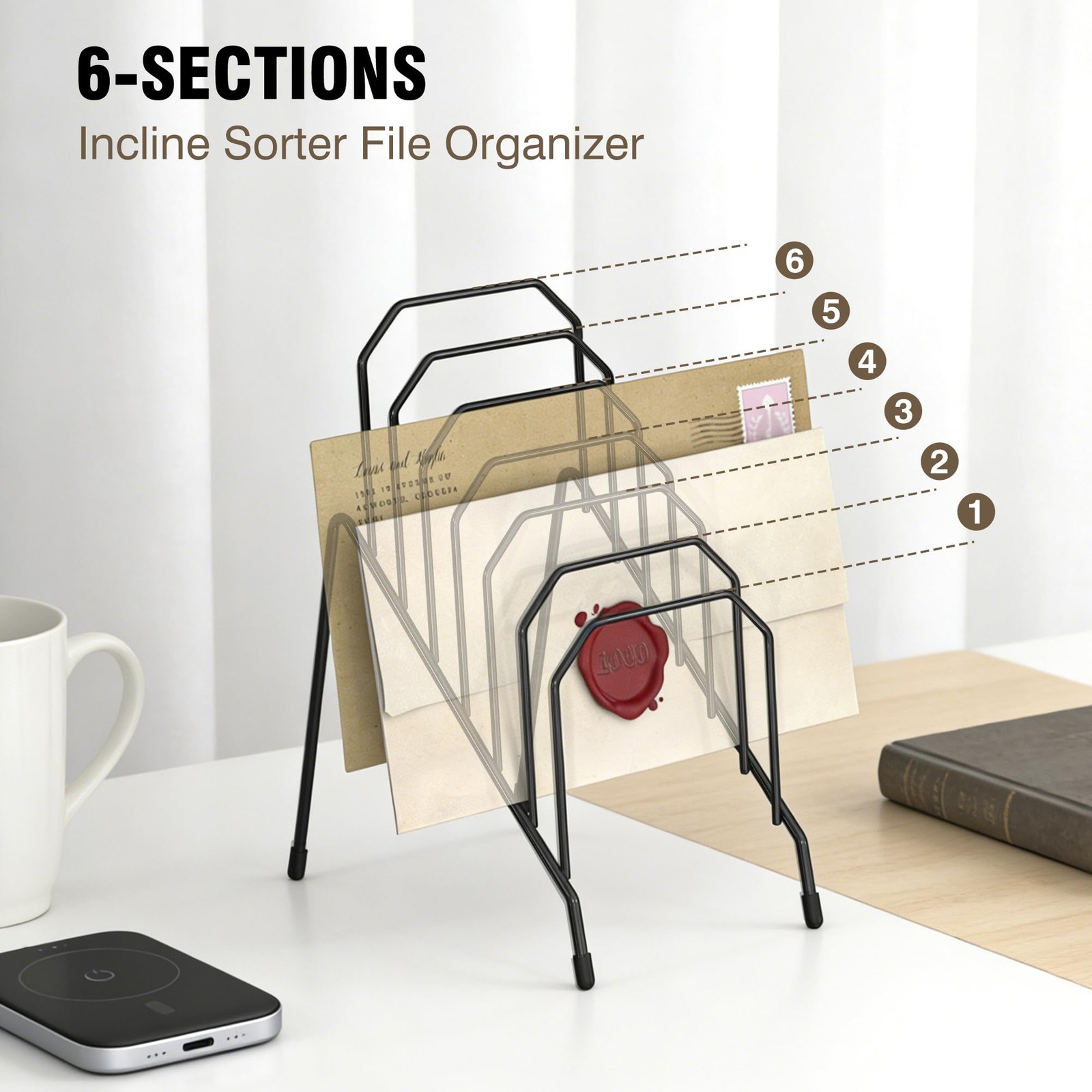 Incline Desk Mail Organizer Sorter Letter Rack 6Section Vertical Compartments