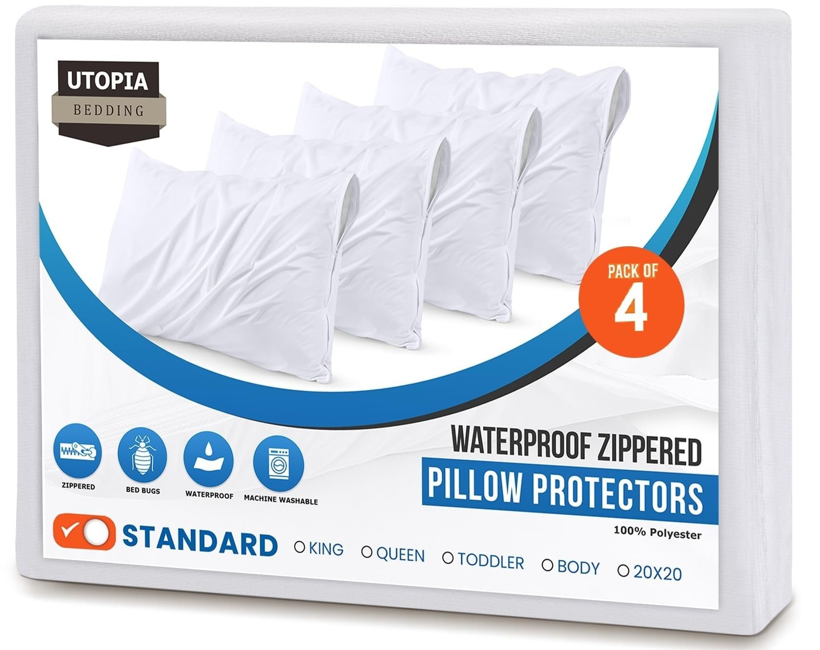 Pillow Protectors Waterproof Zipper Dust Proof Standard White