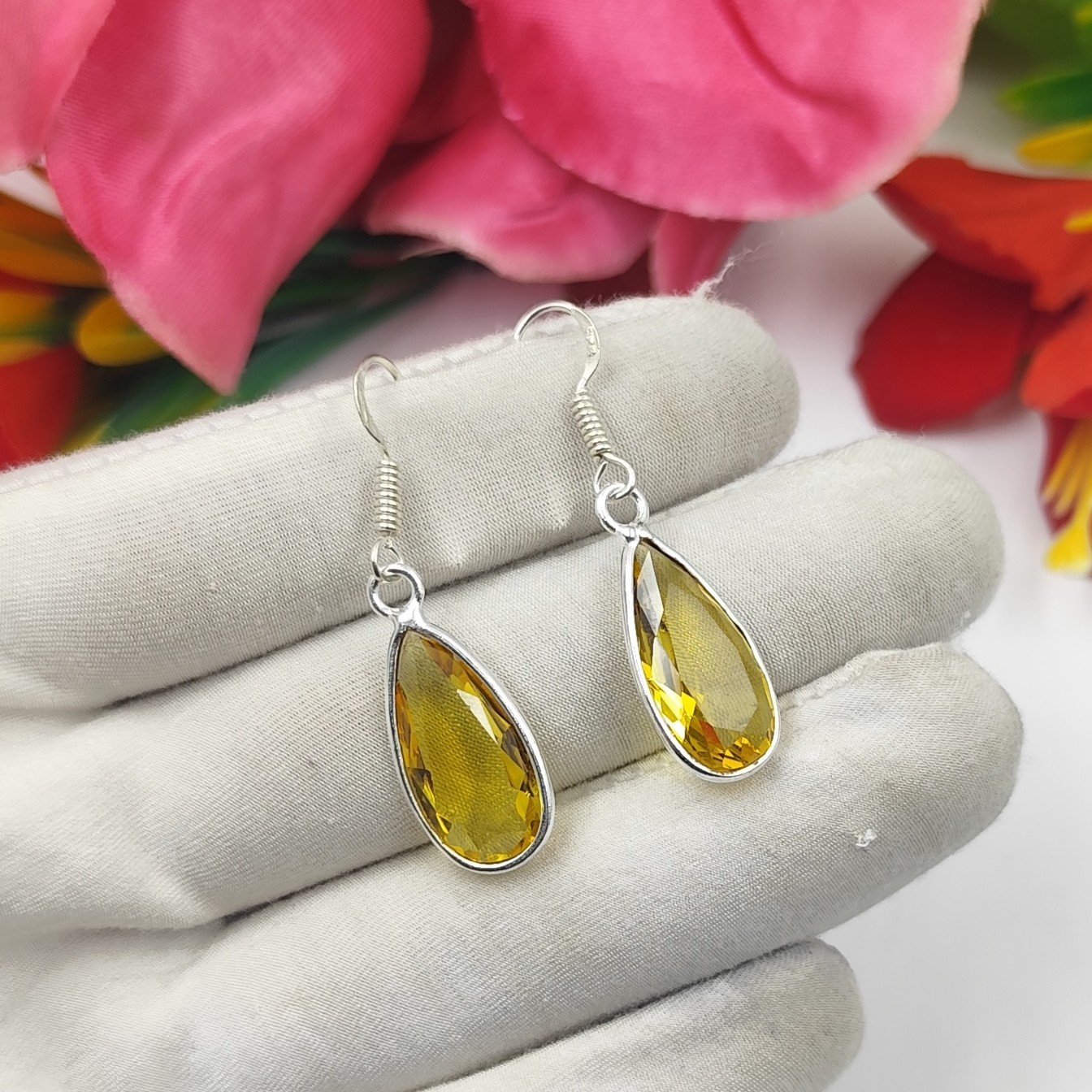 Yellow Citrine Gemstone Handmade 925 Sterling Silver Jewelry Earring Size-1.65"