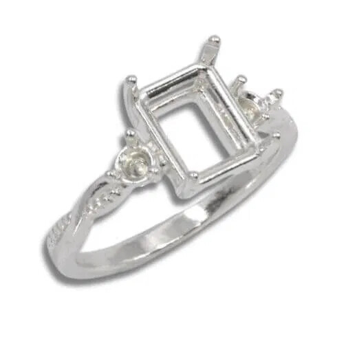 Sterling Emerald Cut Accent Twist Milgrain Pre-notched Ring Mounting Size 4-11