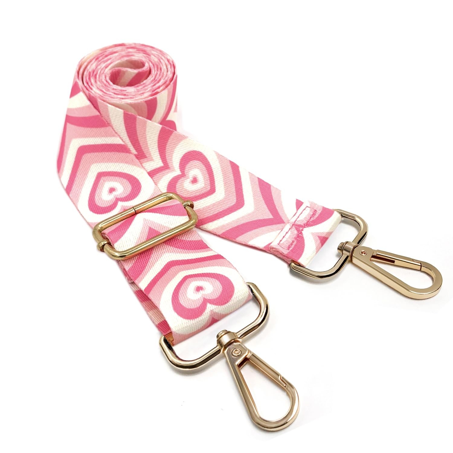 Valentine Purse Strap, 1.5" Wide Gold Alloy Buckle Pink Heart Floral Crossbod...