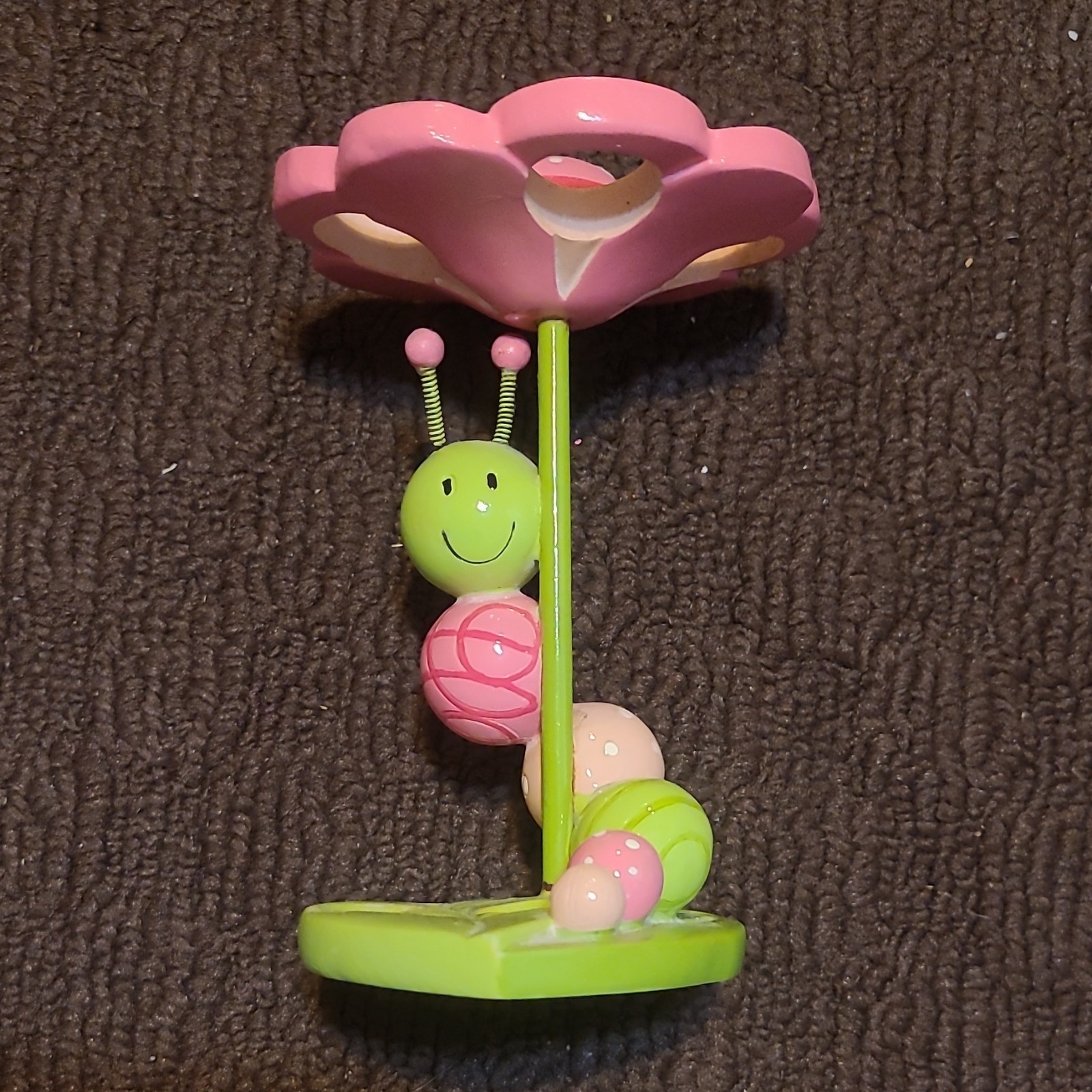 Painted Pink & Green Caterpillar on Flower toothbrush holder, whimsical garden