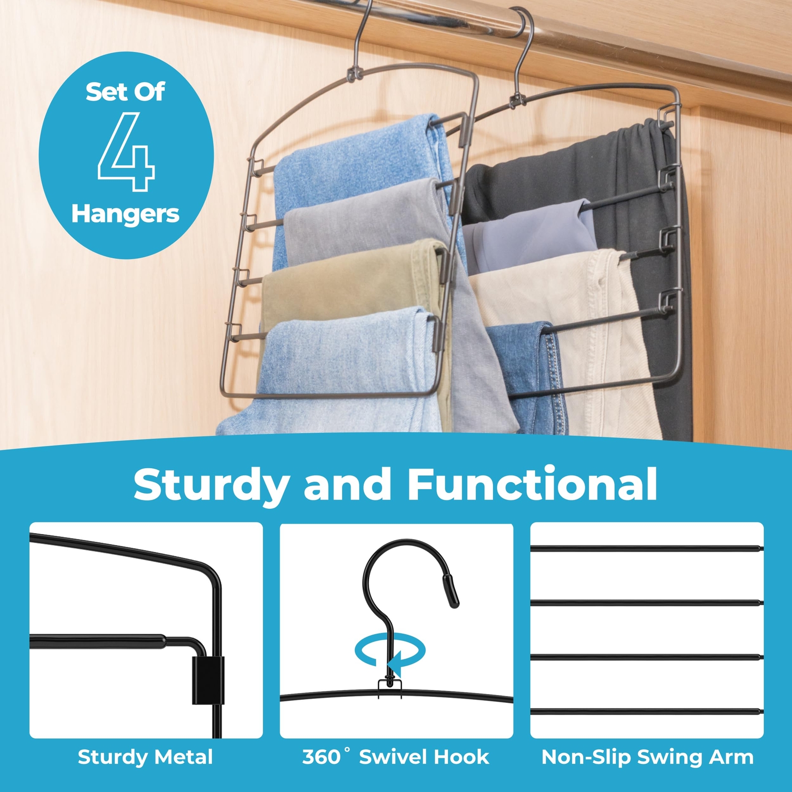 Pants Hangers 4 Pack 5 Tier Heavy Duty Metal Space Saving