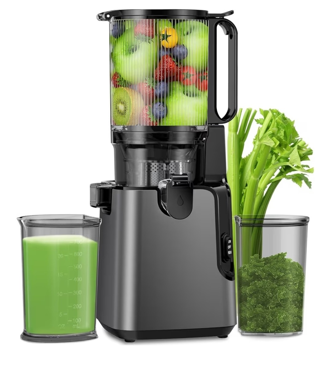 Electric Masticating Juicer Black Extended Feed Chute One Button Control