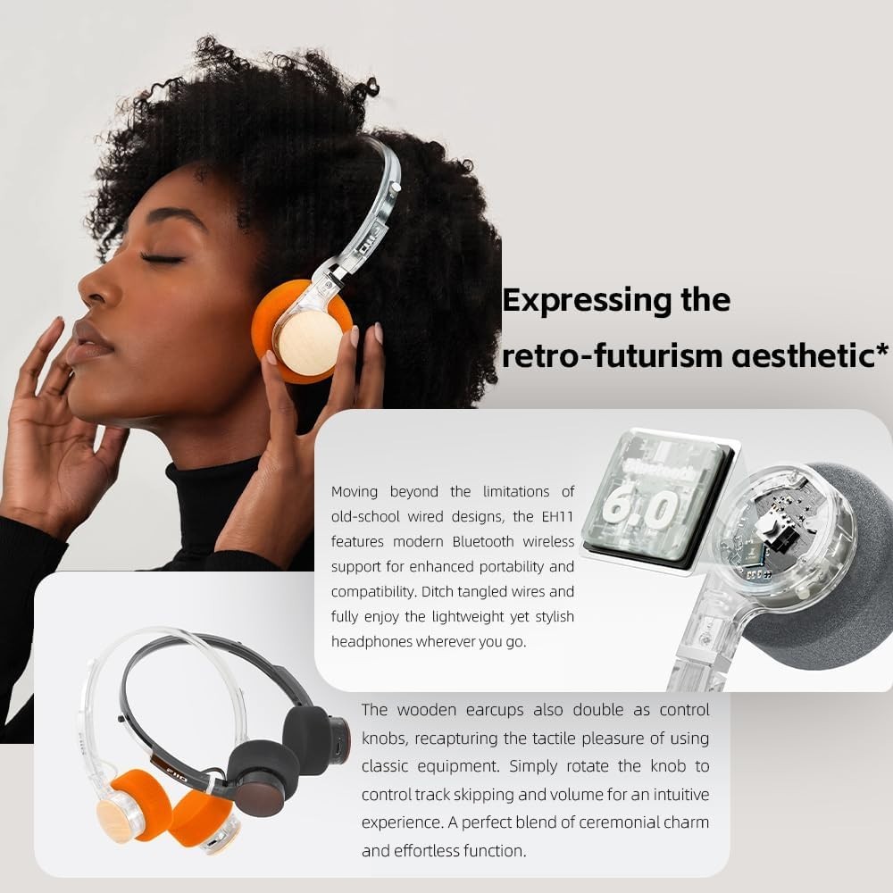 FiiO EH11 Lightweight Over-Ear Bluetooth Headphones, Dual Device (Transparent)