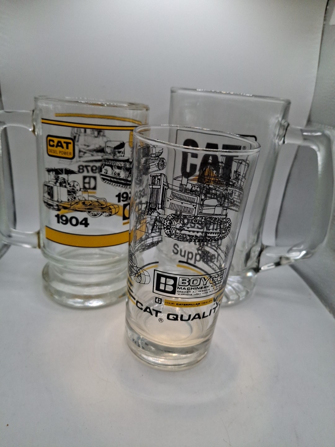 3 CAT Caterpillar Construction Equipment Stein Mugs + Glass  Boyce Mossville