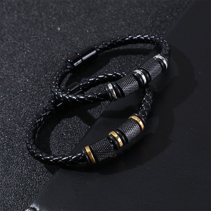 Men's Retro Punk Woven Leather Bracelet Beaded Magnetic Clasp Wristband Rock US^
