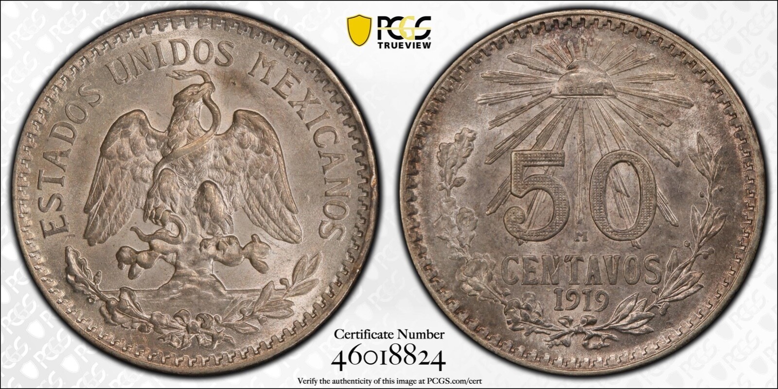 MEXICO ESTADOS UNIDOS 1919 50 CENTAVOS COIN CERTIFIED UNCIRCULATED PCGS MS-63