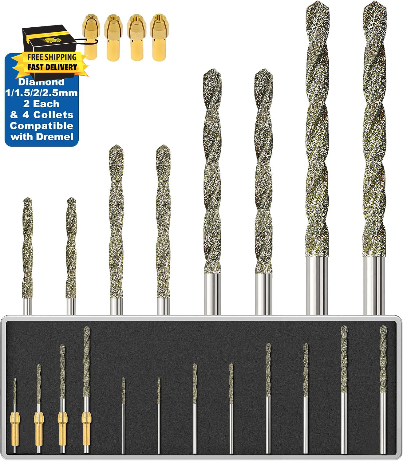 Diamond Drill Bits 1Mm 1.5Mm 2Mm 2.5Mm 2 Each 120-Grit 8Pcs with 4 Collets Compa