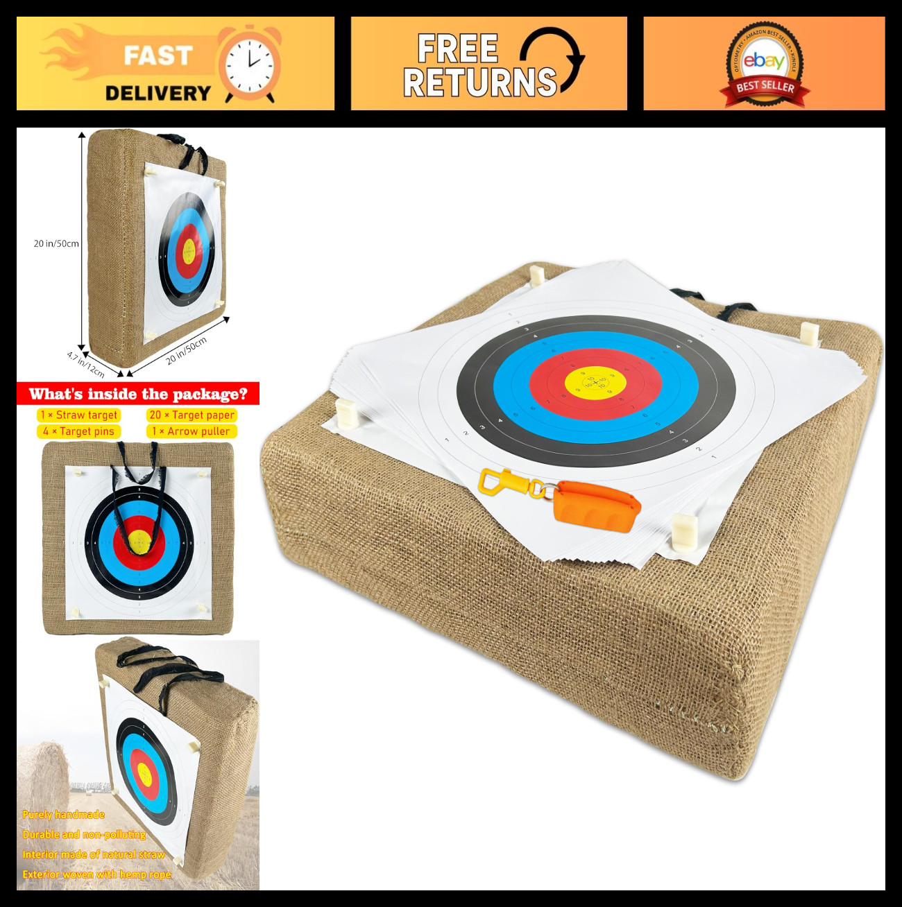 20" High-Density Straw Archery Target Set - 20 Paper Targets, Pins & Arrow Pulle