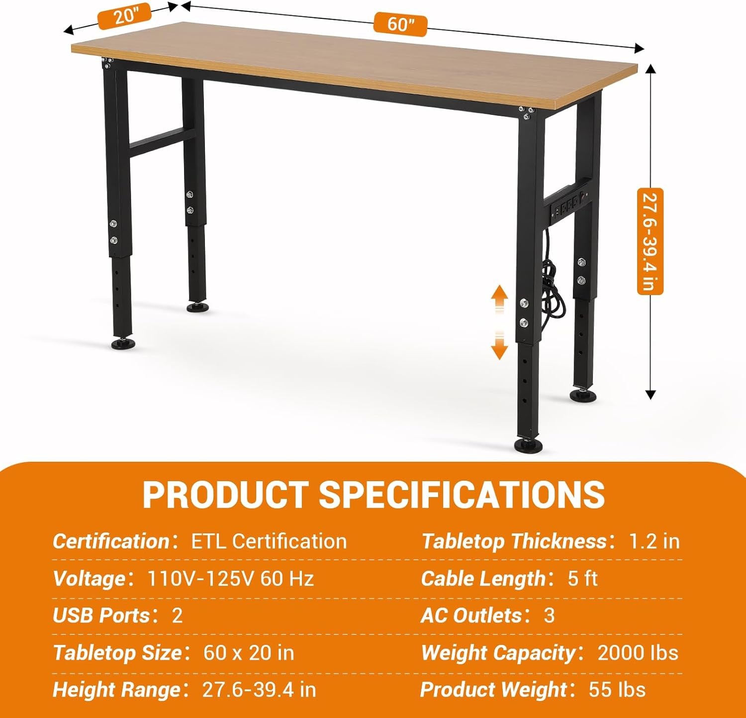 Adjustable Height Workbench with Power Outlet 2500 Lbs Capacity Heavy Duty Table