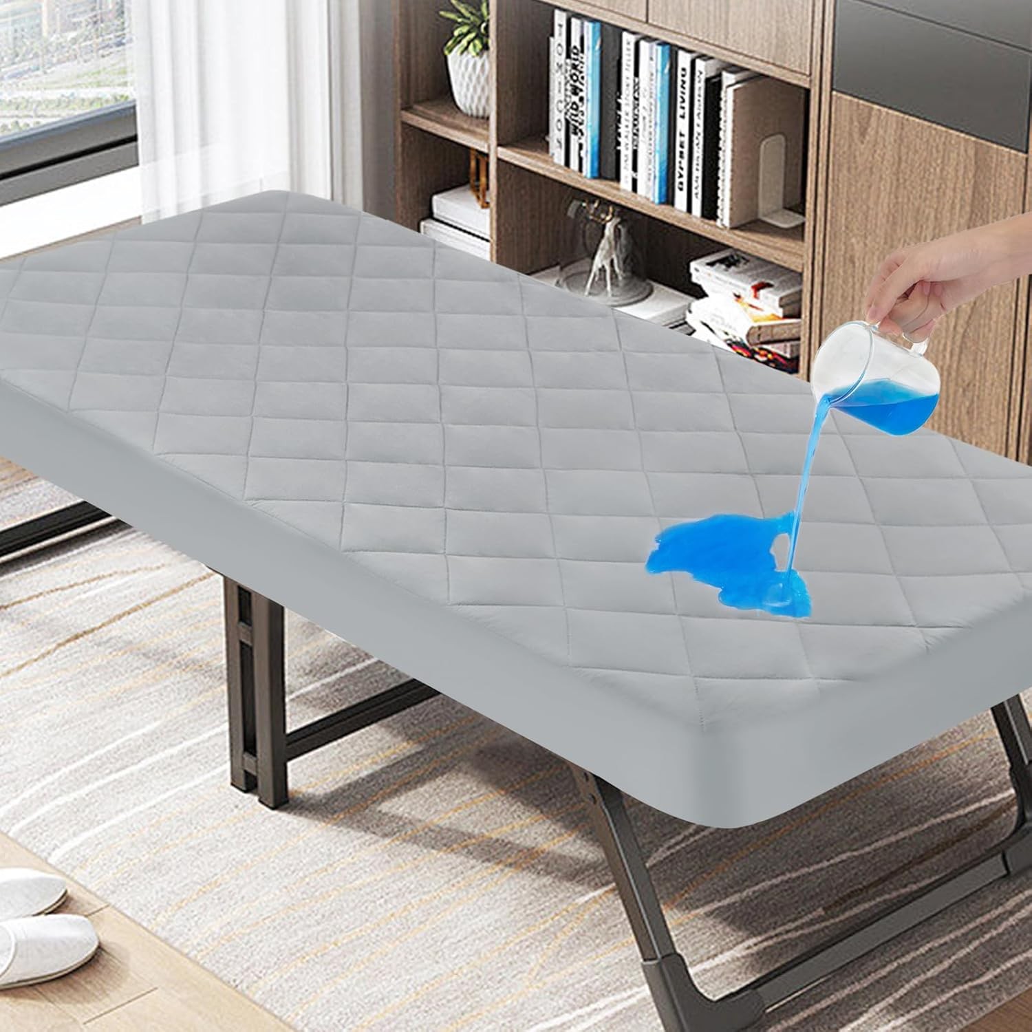 Cot Mattress Pad Waterproof Quilted, Fitted Size Small Single, Gray