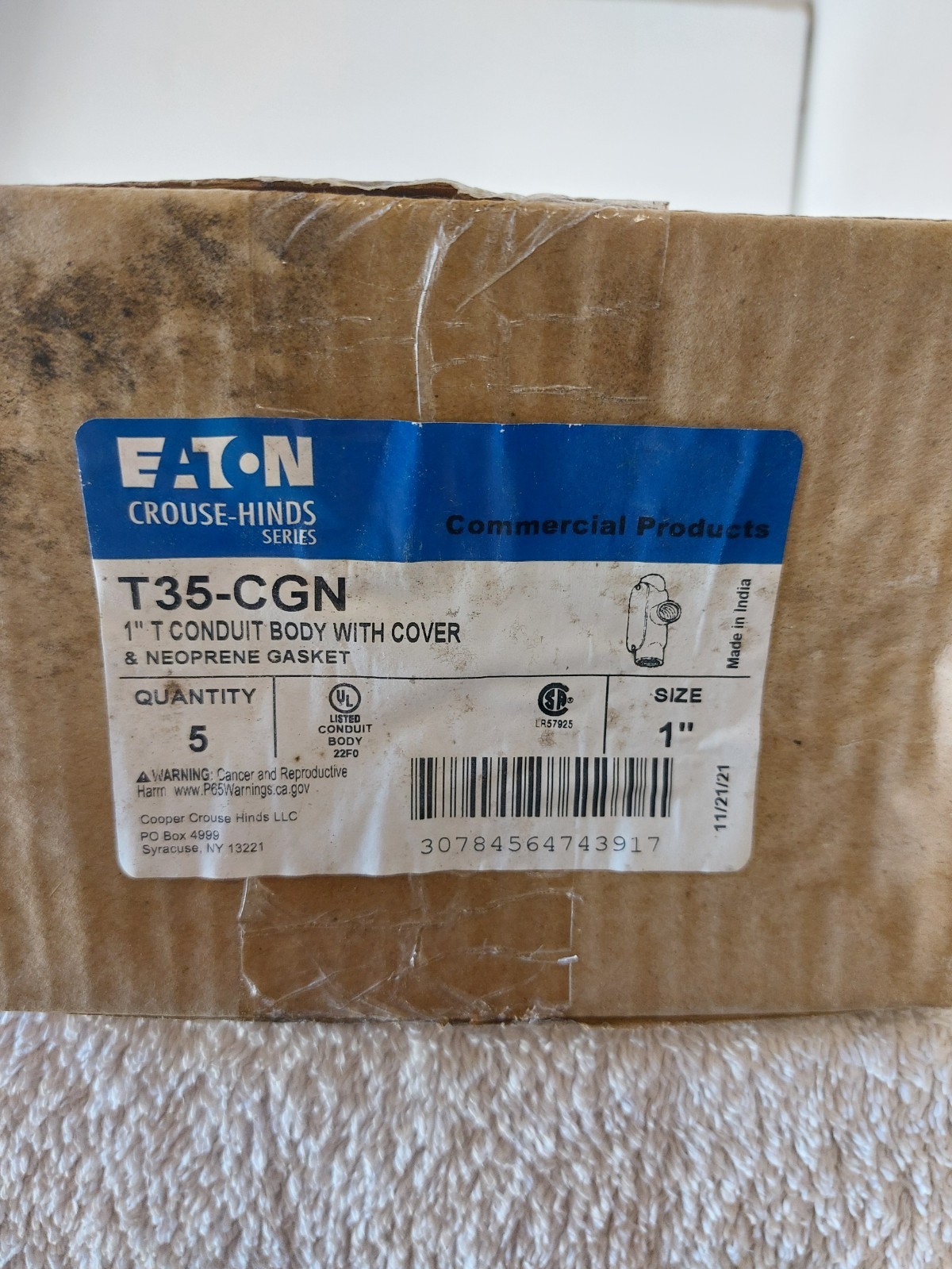 CROUSE-HINDS T35-CGN 1" CONDUIT BODY W/ COVER & GASKET (20 PCS)