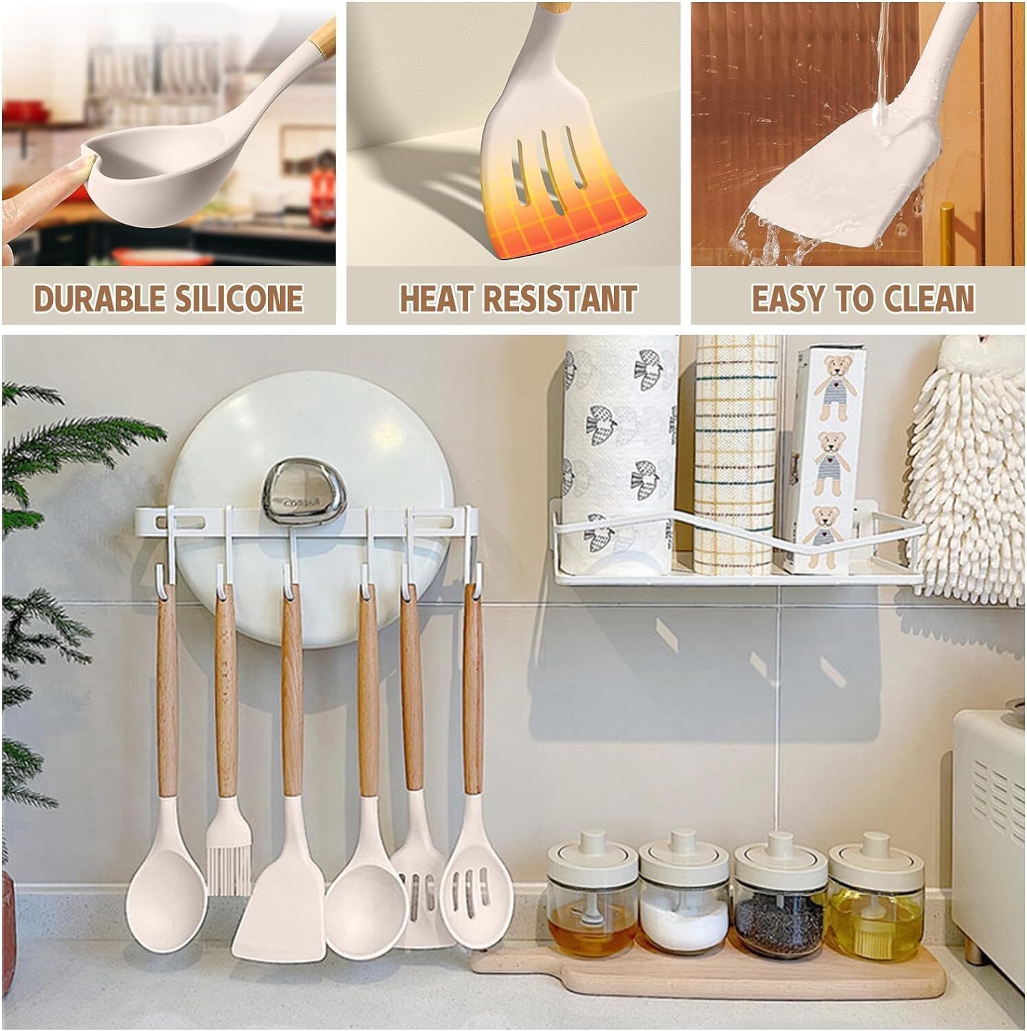 33 Piece Non-Stick Silicone Cooking Utensils Spatula Set with Tray (Khaki)
