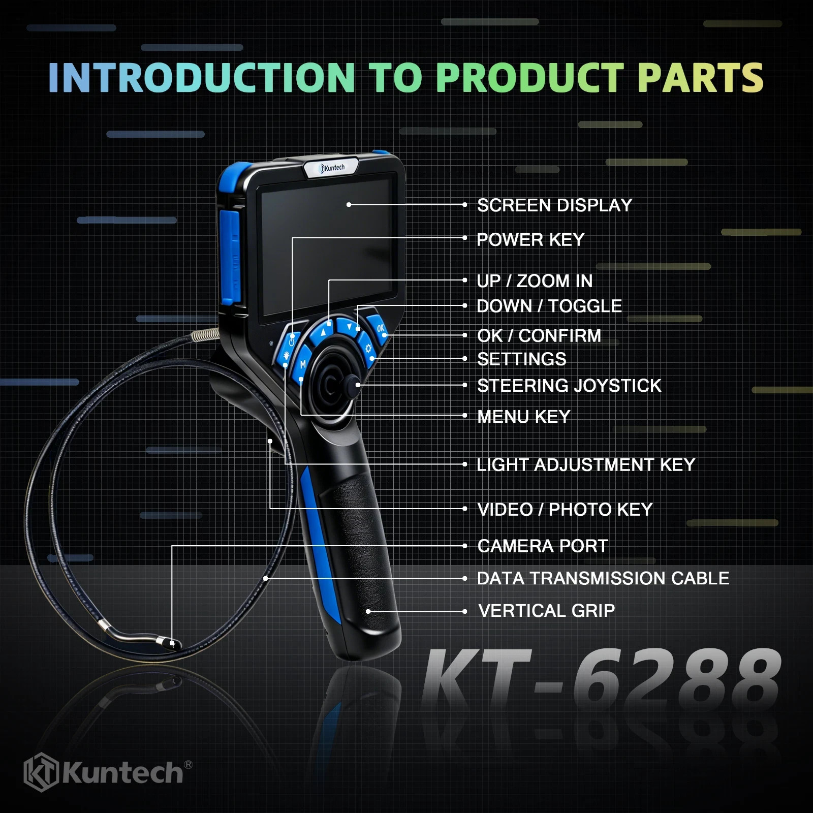 Kuntech 4-Way 360° Articulating Borescope 5" Endoscope w/Light Inspection Camera