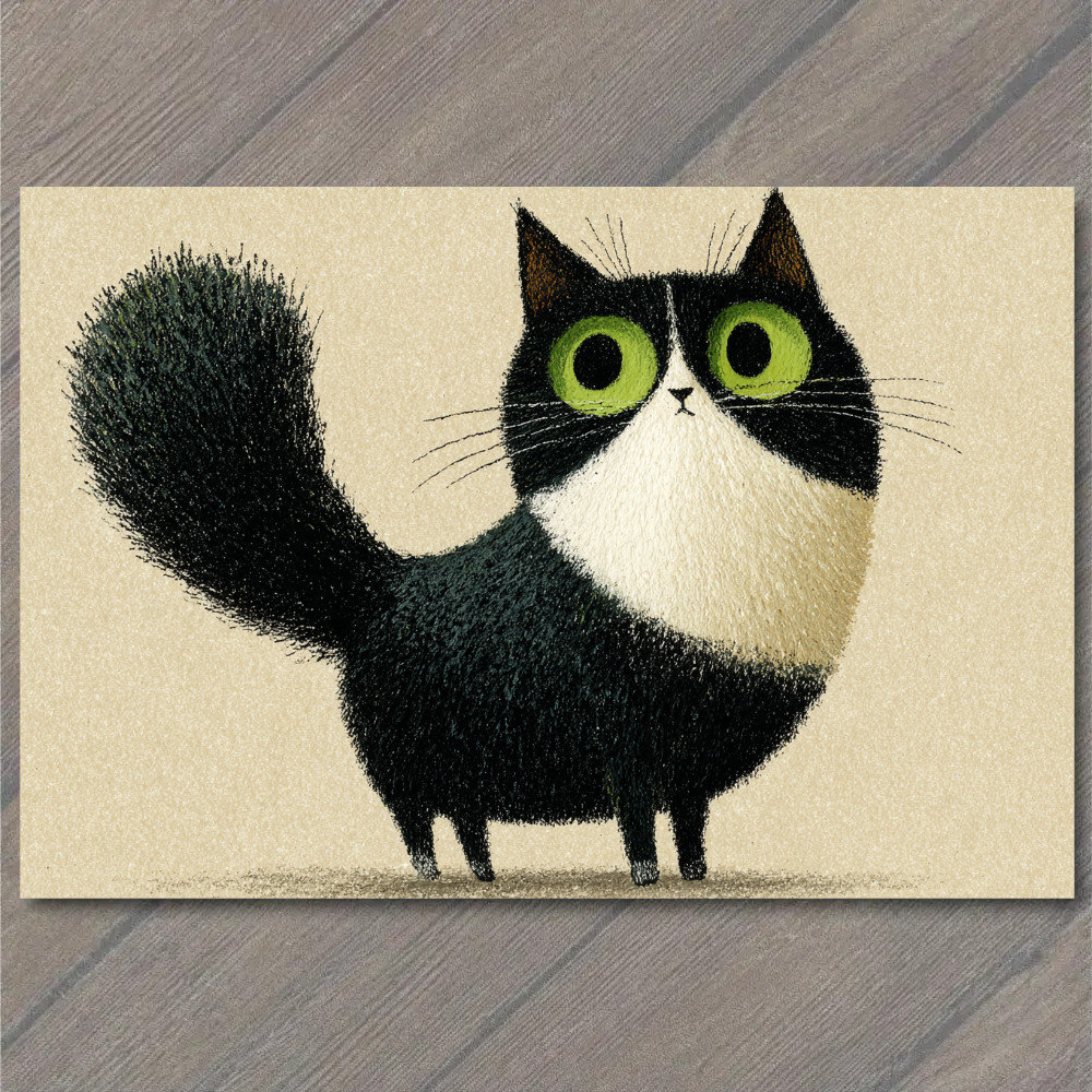 POSTCARD Big Eyed Black White Cat Cute Whimsical Animal