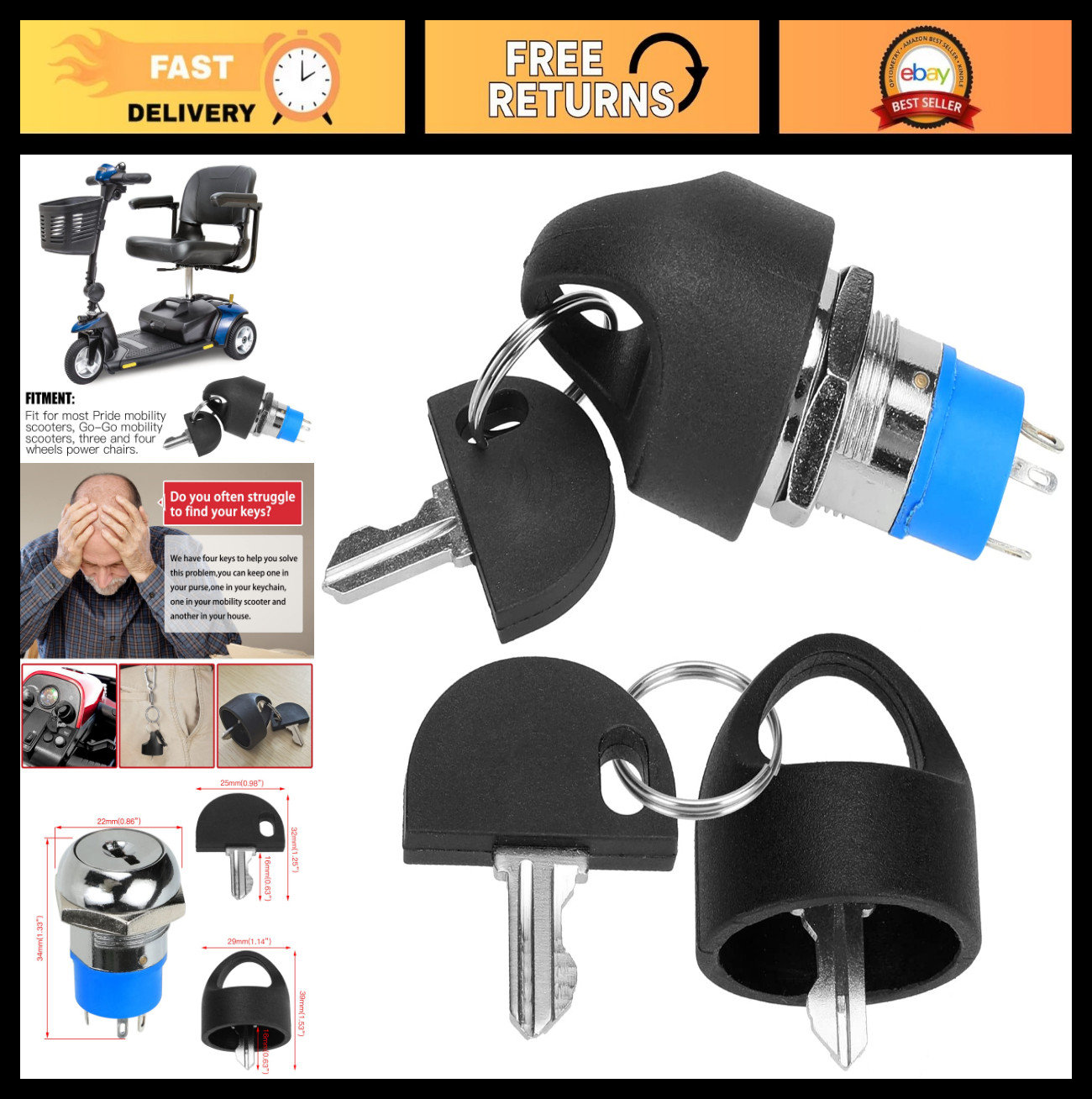 Ignition Switch & Easy Pull Key for Mobility Scooters, Power Wheelchairs - 4 Pac