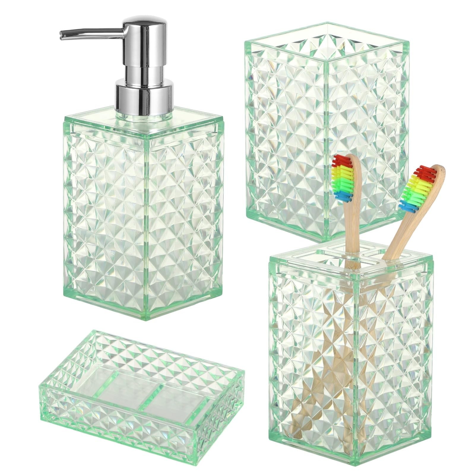 4 PCS Green Glass Bathroom Accessories Sets Countertop - Bathroom Counter Set...