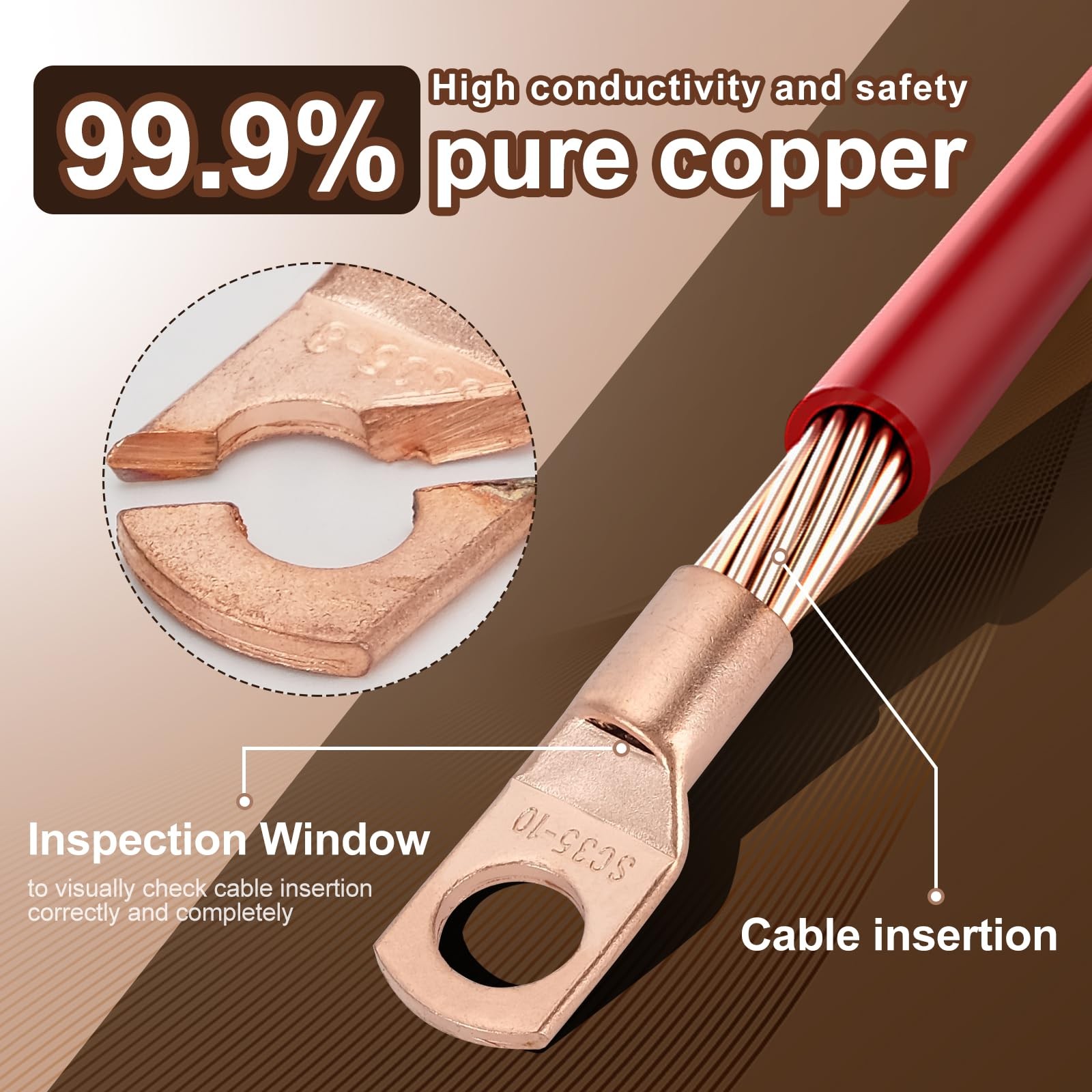 Thickened Copper Lugs，Electric Wire Lugs，AWG2 4 6 8 10 12Gauge，80Pcs Heavy Du...