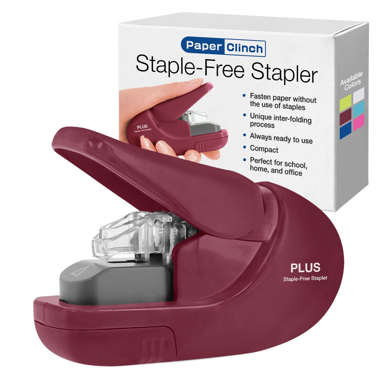 Plus Paper Clinch Compact Staple-Free Stapler No Staples Needed Burgundy