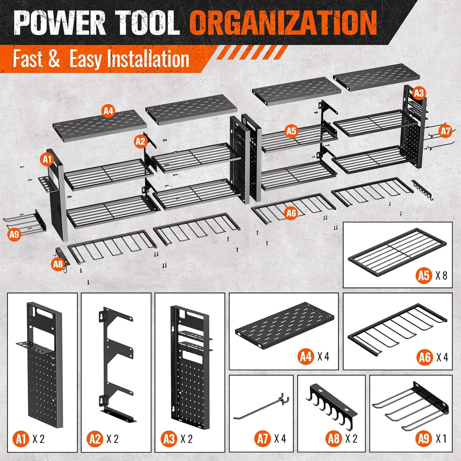 Super Large 66" Wall-Mount Tool Organizer with 18 Drill Holders, 600 Lbs Capacit