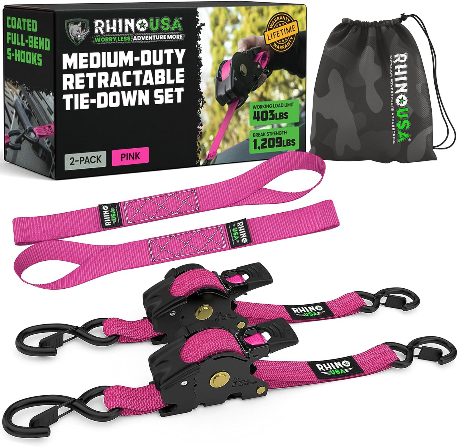 Retractable Ratchet Straps 1in x 10ft Pink 1209lb Break Strength Heavy Duty