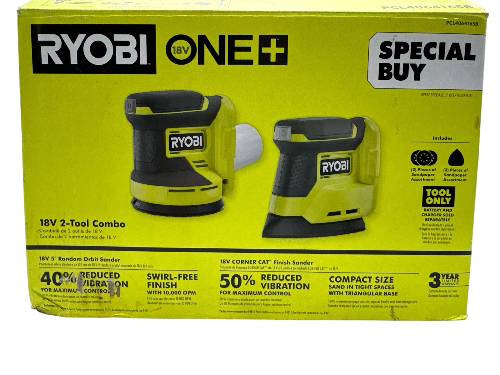 RYOBI ONE+ 18V 5" Random Orbit Sander & Corner Cat Sander PCL406416SB (OB)