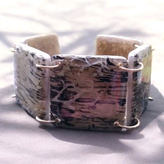 Handcrafted Reversible Polymer Clay And Resin Gold Bracelet Square Black