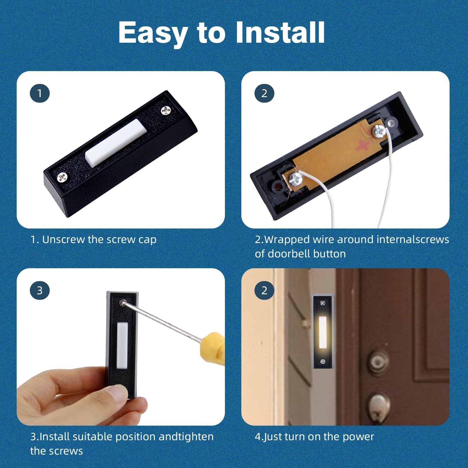 4 PCS Wired Lighted Doorbell Button Replacement - LED Chime Wall Mount Switch