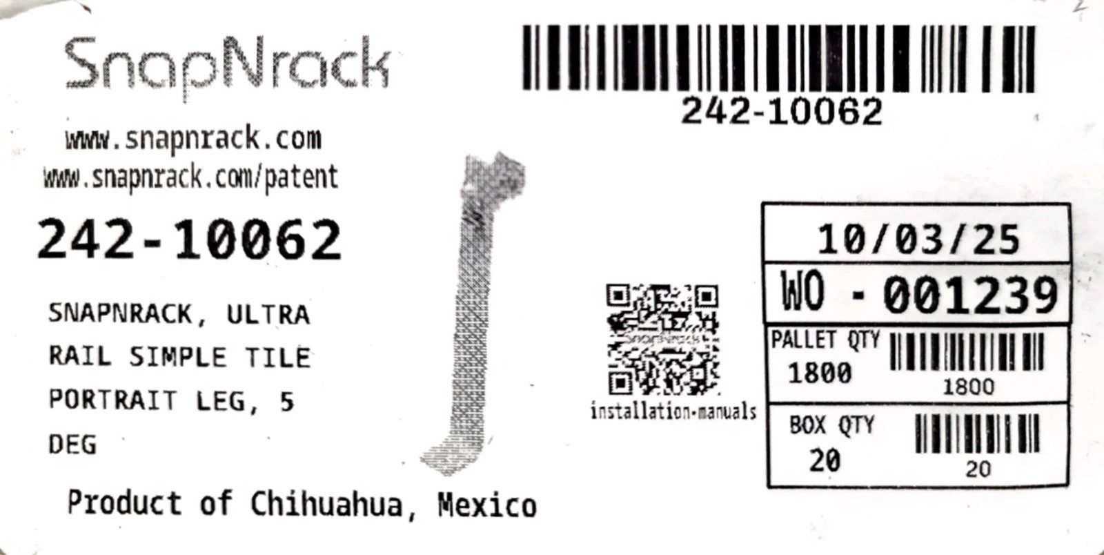 242-10062 Snapnrack, Ultra Rail Simple Tile Portrait Leg 5 Deg Box QTY. 20