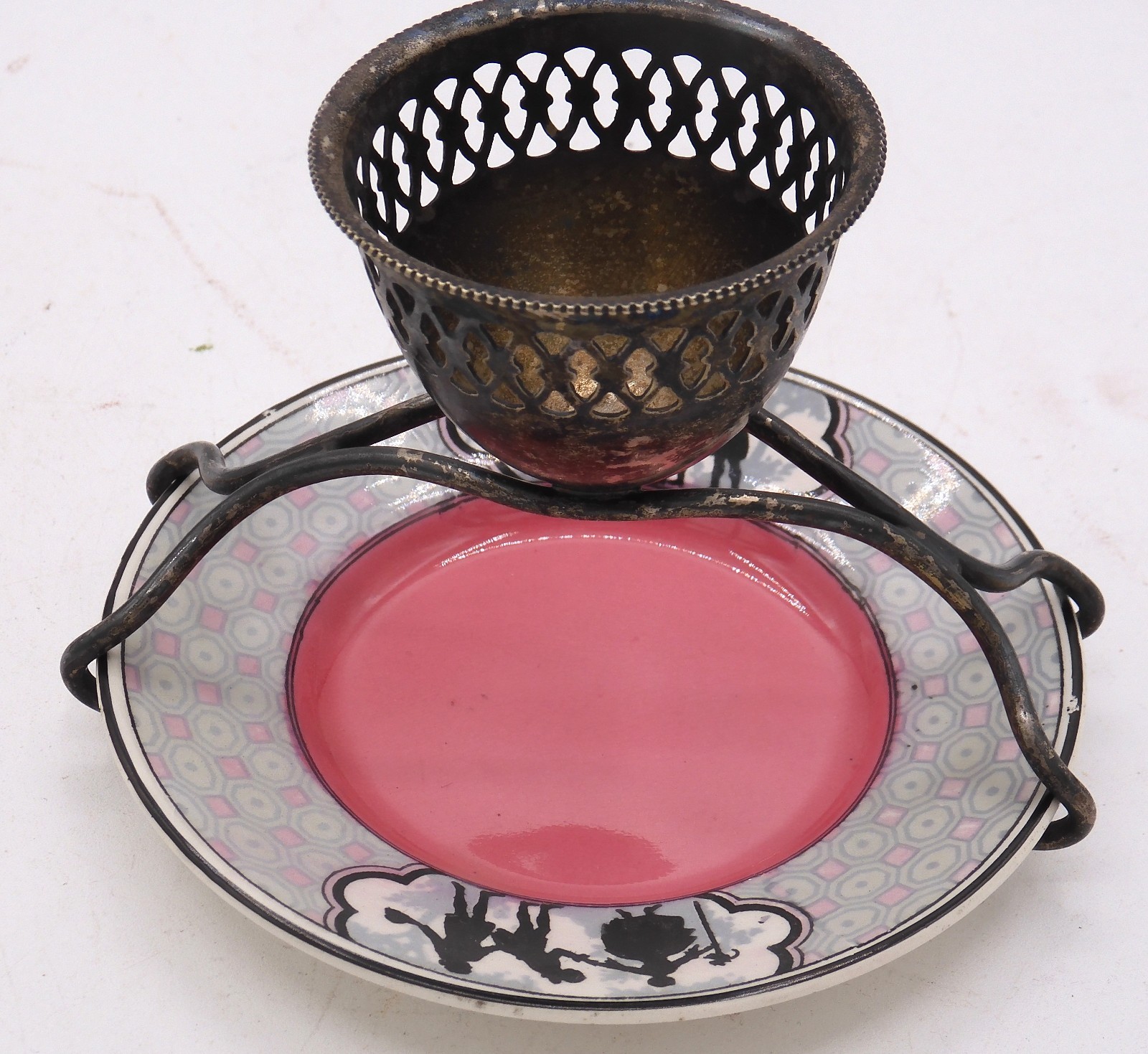 Antique Pierced Silver-Plated Egg Server Mounted on Plate Pottery English Maker