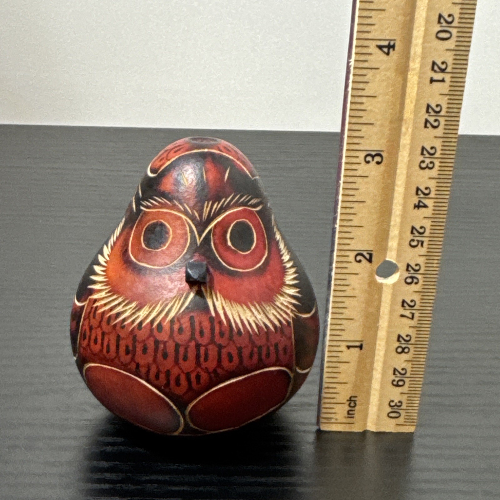 Lucuma RED OWL Natural Gourd Hand Carved PERU Folk Art Rattle 3.25 Inches
