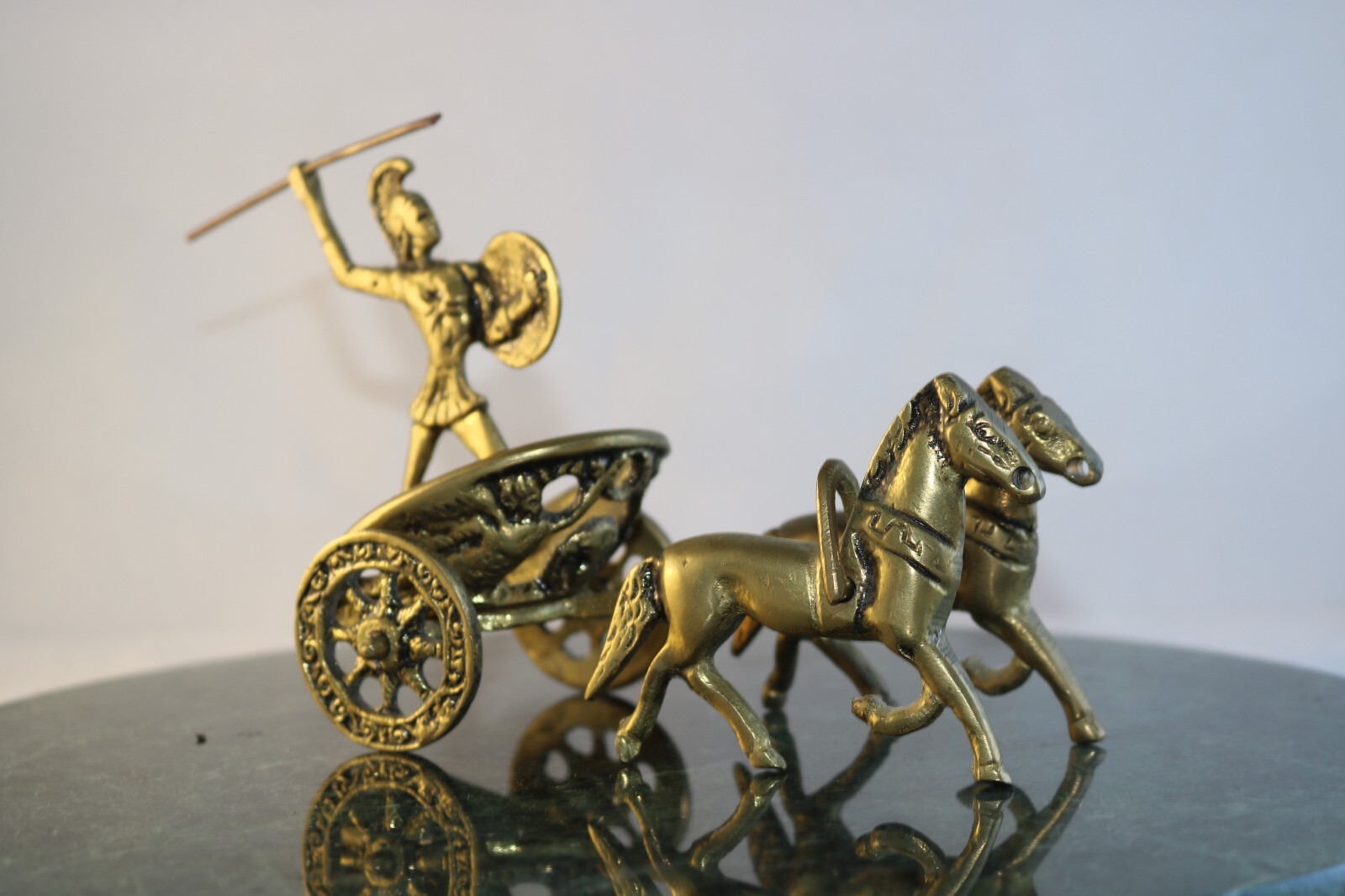 VINTAGE GREEK SPARTAN  w SPEAR in HORSE DRAWN CHARIOT BRASS STATUE 6"x3"