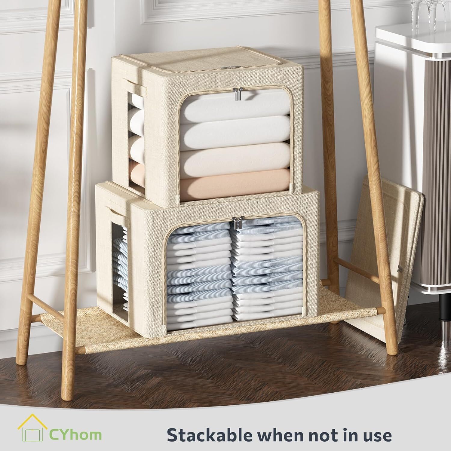 3Pack Foldable Storage Bins - Frame Box Linen Medium-36L, Beige